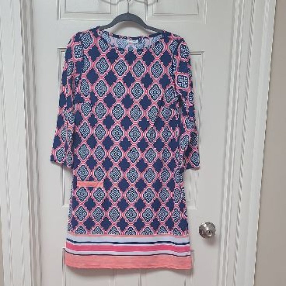 NWOT Cabana Life Shift Dress 3/4 Sleeves Pink and Blue Size Small